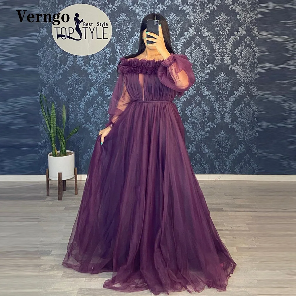 

Verngo Dark Purple Tulle Puff Logn Sleeves Evening Dresses For Women Draped A Line Floor Length Arabic Women Formal Prom Gowns