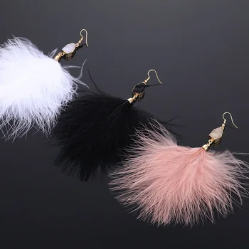 여성용 보헤미안 플러시 깃털 펜던트 귀걸이, 긴 깃털 술 달린 드롭 귀걸이, 웨딩 쥬얼리 액세서리, 패션