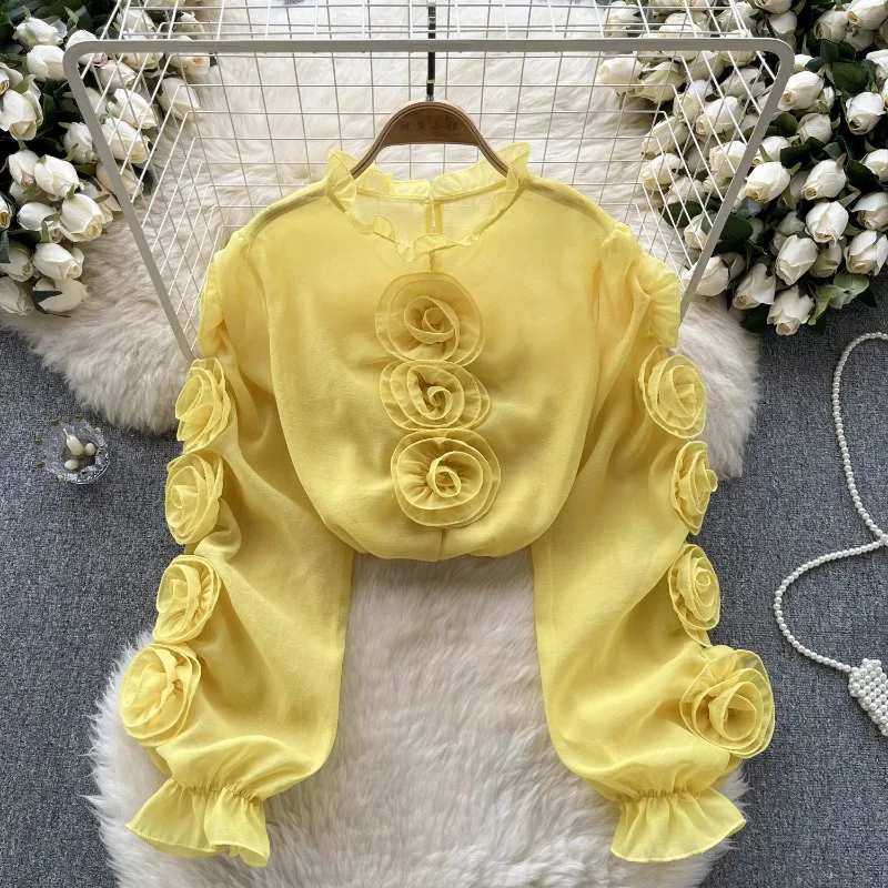 

Vintage Light Luxury Blusas Mujer De Moda 2024 O Neck Lantern Sleeve Design Sense Blouses Stereo Flower Age Reducing Chic Shirt