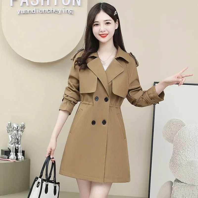 

2024 Spring Autumn New Trench Coat Women's Korean Mid Length Double Breasted Casual Slim Windbreaker Outerwear Female Loose Tops