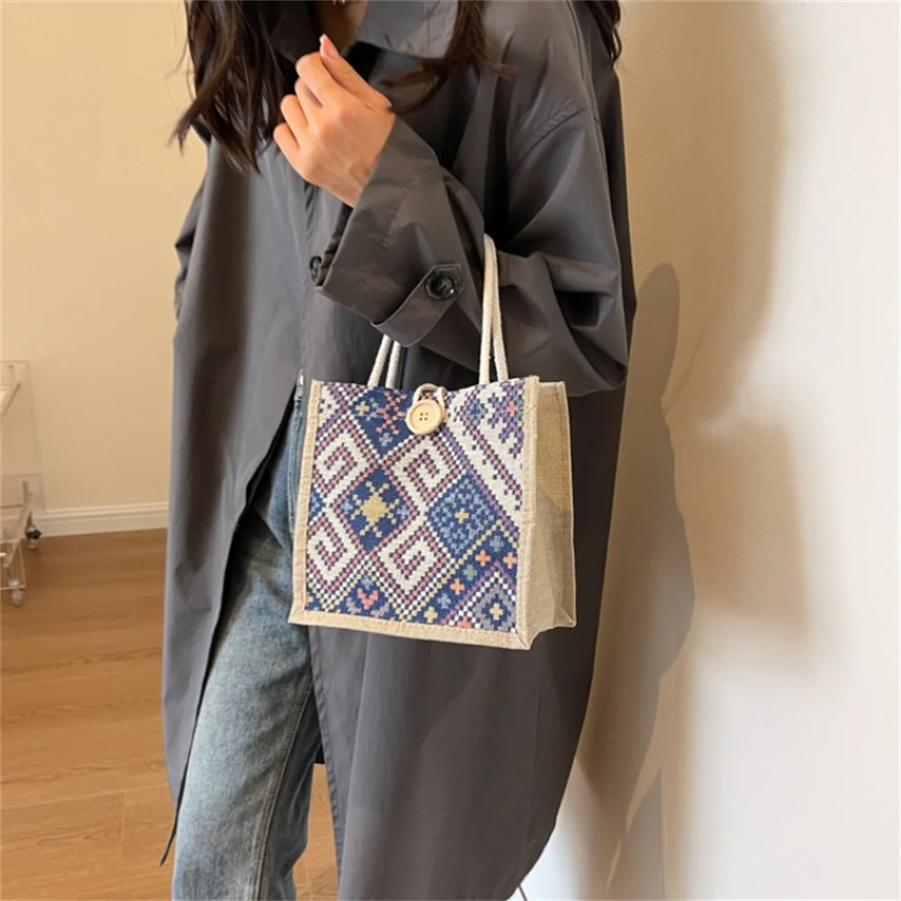 New Linen Bag Women Ethnic Patterns Handbag Eco-Friendly Grocery Bag Gift Bag With Handle Portable Casual Button Tote Bag Pouch