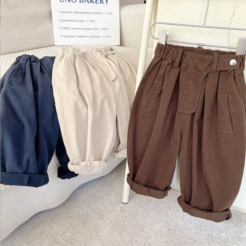 Kids Pants Spring and Autumn Children's Pants Korean Boys and Girls Solid Color Diagonal Pocket Loose Trousers