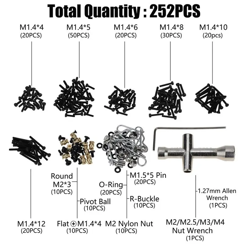 FULL-252Pcs M1.4 나사 패스너 키트 슬리브 육각 렌치 수리 도구 Axial SCX24 1/24 RC 크롤러 자동차 부품 액세서리