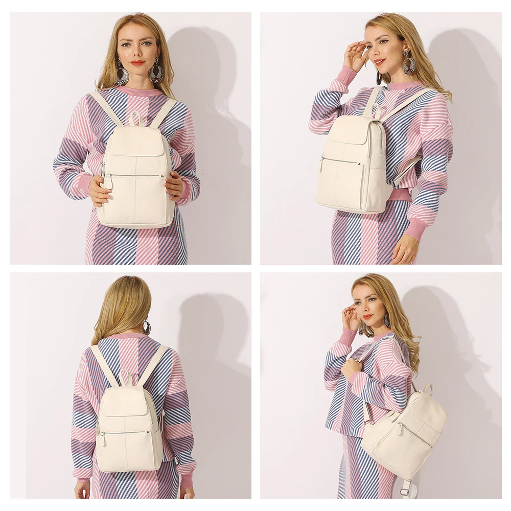 Zency White Leather Women Backpack A High Quality Daily Large Capacity Travel Bag Knapsack Schoolbag Book For Ladies Beige Pink - 图片 2