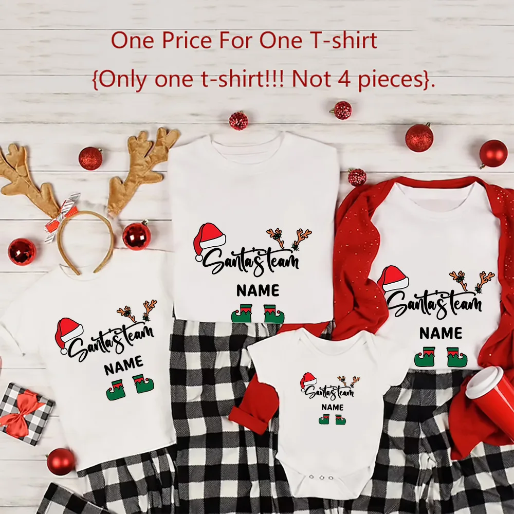 thumbnail image 5 of Camisetas navideñas familiares a juego del equipo de Santa Claus con nombre personalizado, camiseta de manga corta para papá, mamá, niños, mameluco para bebé, looks navideños, 5 of 5
