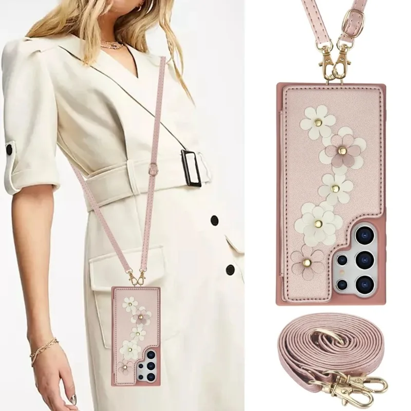 Axelremsfodral i läder med blommotiv till Samsung Galaxy S22 S23 FE S24 Ultra S24 Plus A55 A35 A15 A54 A34 A14 A53 Korthållare_voghion.com