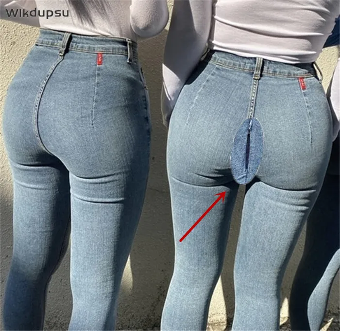 

Женские джинсы с высокой талией, модные трендовые джинсовые брюки, сексуальные уличные сексуальные брюки с открытой промежностью на молнии, женская повседневная одежда