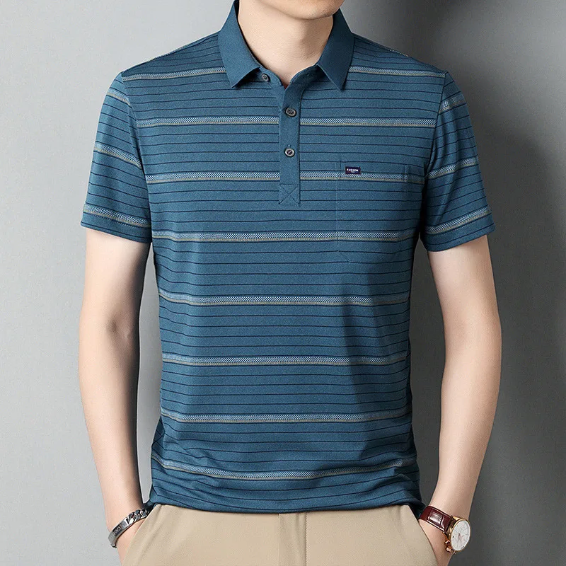 Summer Short Sleeve Men's Polo Shirt Striped Casual Chest Pocket Design Man Polos T-shirt Business Golf Clothing Top Quality