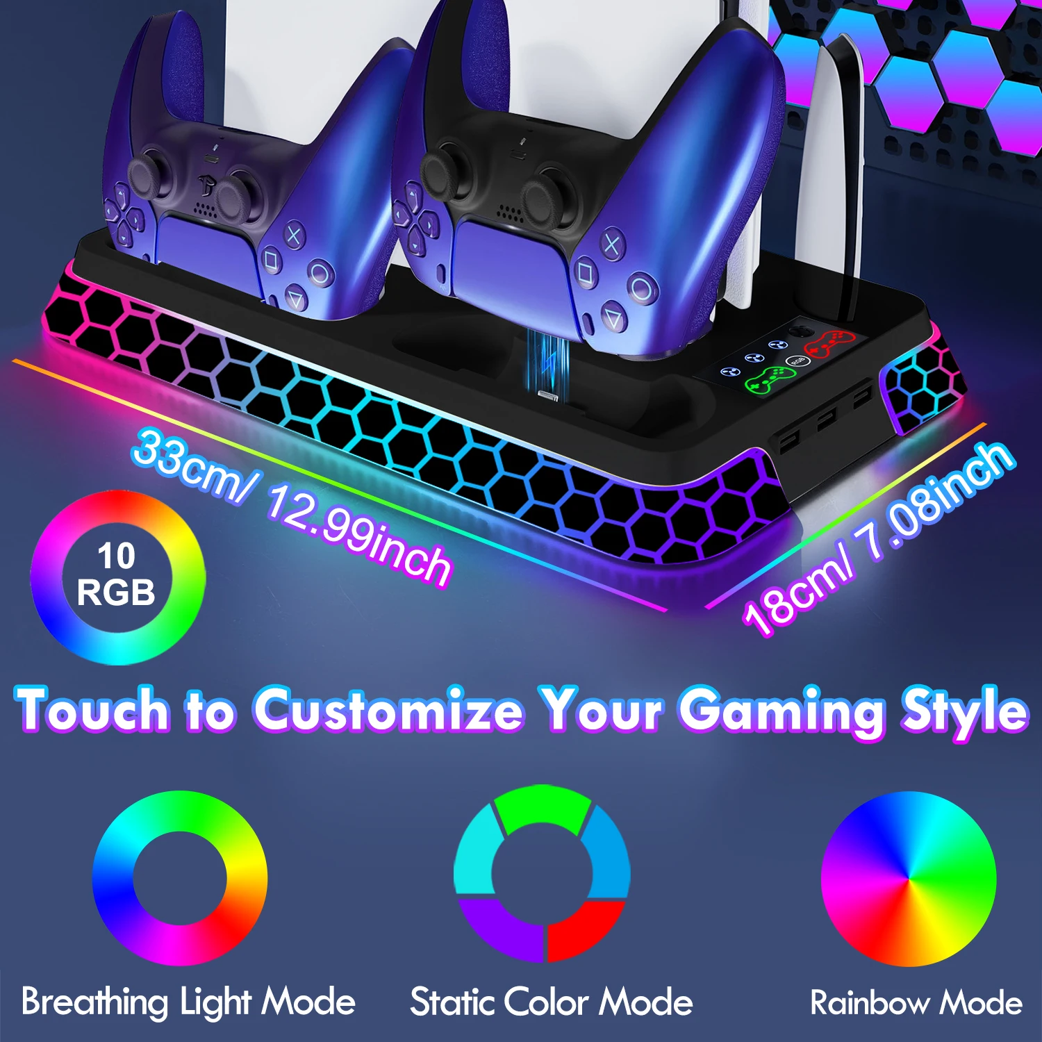 PS5/PS5 슬림/PS5 Pro 모델용 올인원 쿨링 스탠드 베이스: YH66S (RGB 조명 효과, 수납 기능 및 컨트롤러 포함)