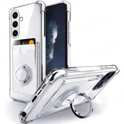 Shockproof Clear Ring Holder Case with Card Slot and Soft Cover - Samsung A52 (Silver)
