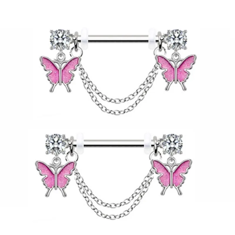 Pink Butterfly Nipple Piercing Jewelry Shiny Crystal Nipple Rings For Women Girls Heart Barbells Piercing Pezon 1Pair