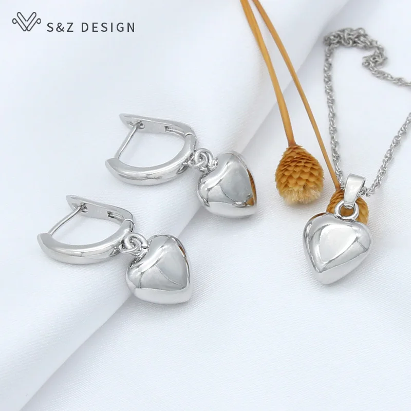 S&Z DESIGN New 585 Rose Gold Color Heart-shaped Metal Dangle Earrings Jewelry Sets For Women Wedding Pendant Necklace