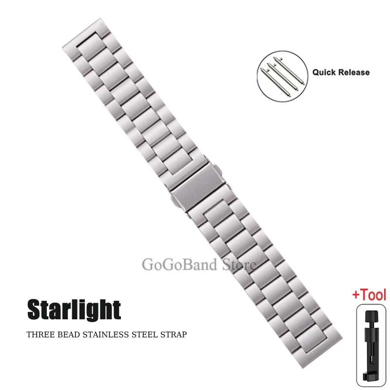 Premium Stainless Steel Watch Band, 20mm/22mm, Metal Strap, Silver/Black Finish