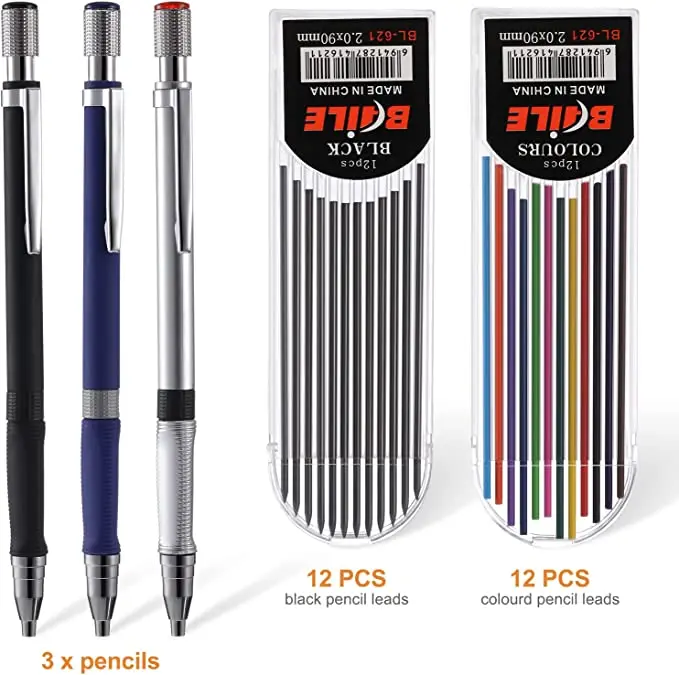 3pcs 2mm Mechanical Pencil with Refill Pencils Stationery Replaceable For Sketching,Drawing,Marking,Writing Pencil 3pcs adultt english calligraphy copybook kids writing beginner handwriting english student art supplies reuse practice book
