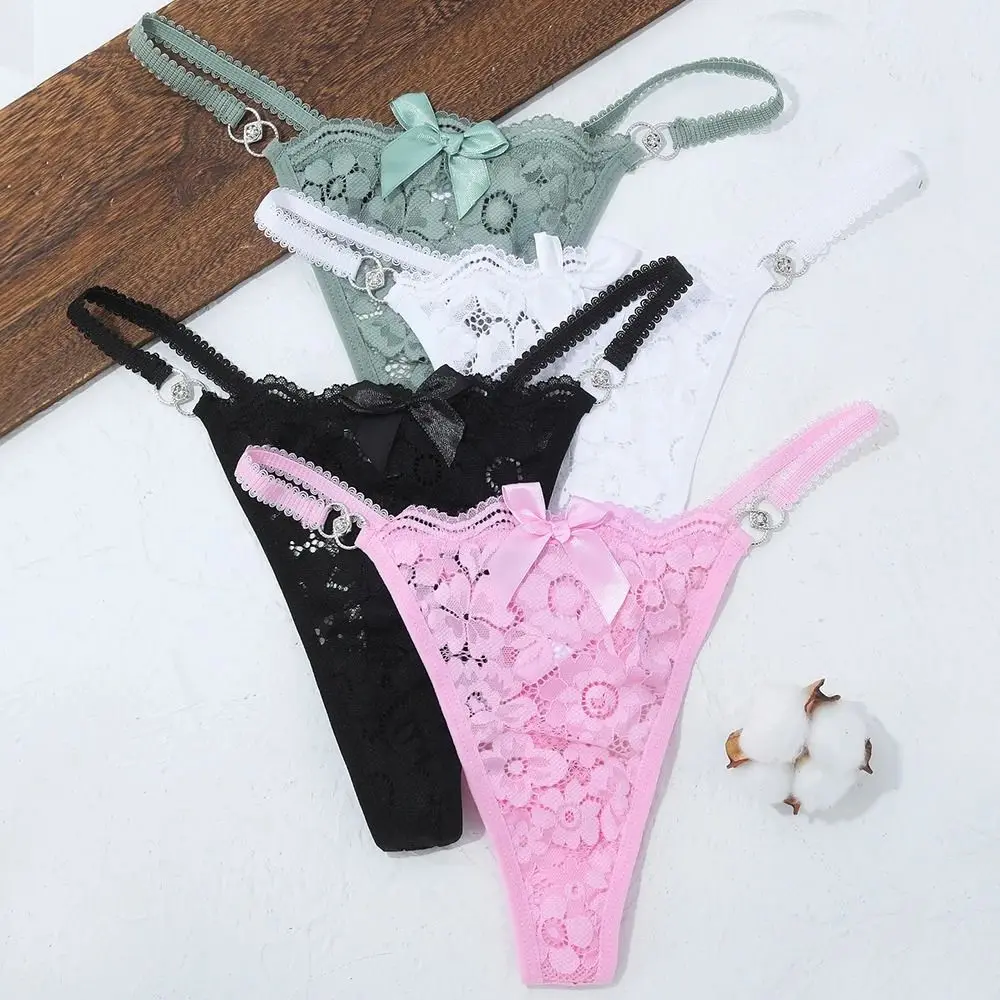 

Low Waist Sexy Lace Thong Thin Cotton Crotch Solid Color Seamless Briefs Underwear Bowknot Briefs Traceless Panties Lady