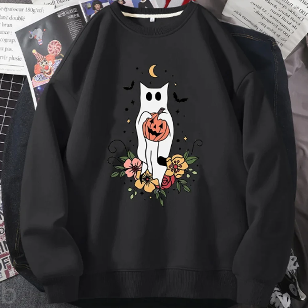 Women Female Cute Funny Cat Sweatshirt Halloween Ghost Pumkin Graphic Hoodies Long Sleeve Fall Harajuku Crewneck Sweatshirts