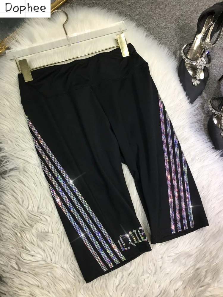 High Quality Hot Drilling Knee-length Leggings for Women 2023 New Summer All-match Skiny Bottoming Pants Black Fitness Pants