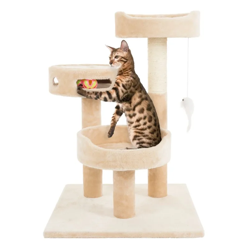 

3-Tier Cat Tree - 2 Carpeted Napping Perches, Sisal Rope Scratching Post, Hanging Mouse, and Interactive Cheese Wheel Toy by