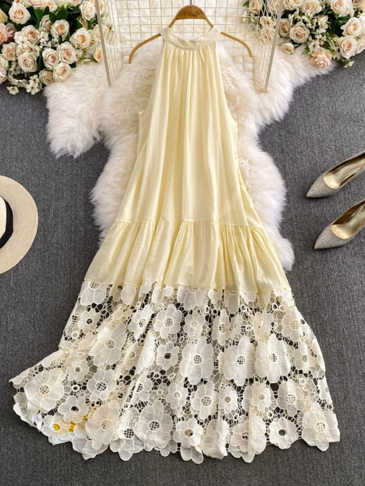 Vaion Sle Long Dr Women's High Ne Lace Hollow out Gown Gentle A-Line Skirt Korean Version Summer Dr 1