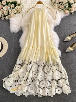Vaion Sle Long Dr Women's High Ne Lace Hollow out Gown Gentle A-Line Skirt Korean Version Summer Dr 1