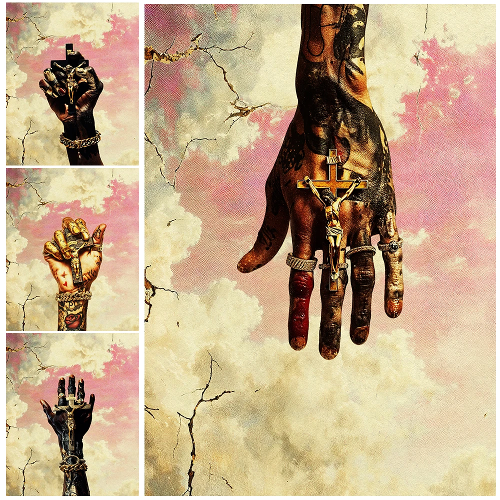Vintage Golden Cross and Crucifixion Gothic Wall Art Canvas Print