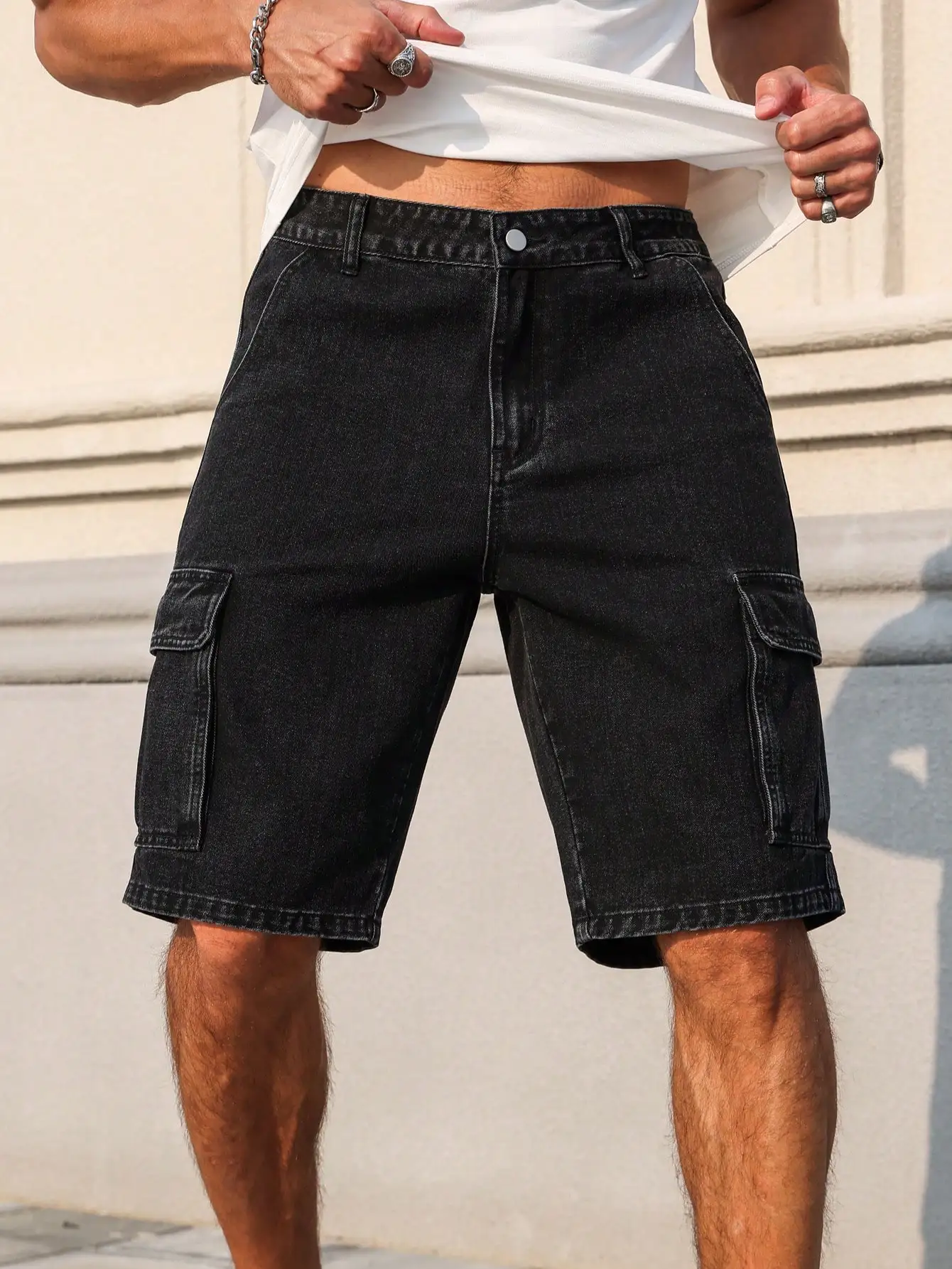 Men's Denim Shorts - Black Summer Workwear Shorts With Multiple Pockets