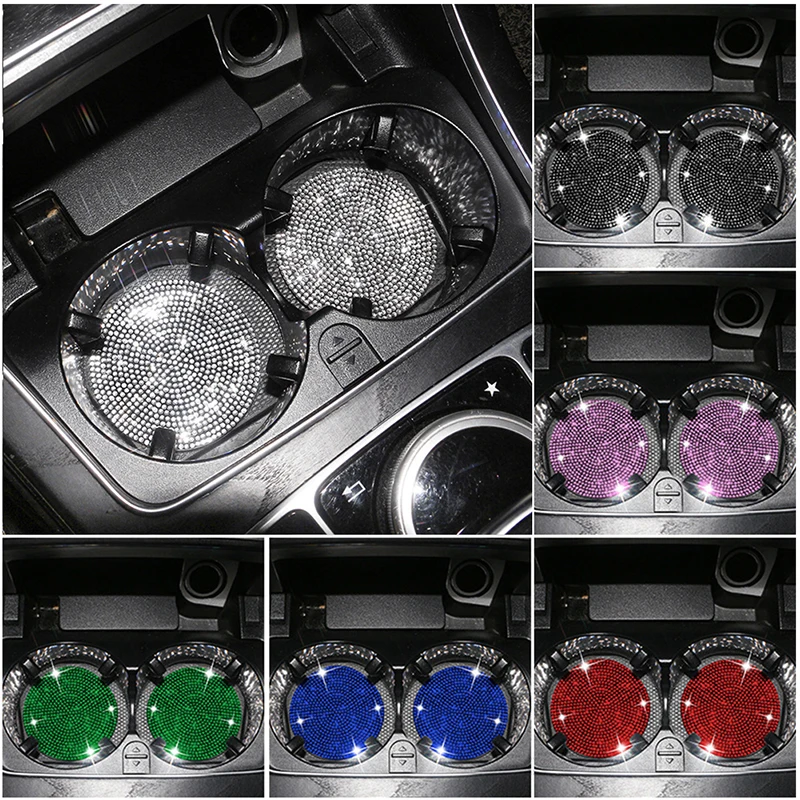 2Pcs Bling Car Cup Holder Coaster with Rhinestone Anti Slip Insert Mat Pads for Women Girls Universal Auto Interior Accessories
