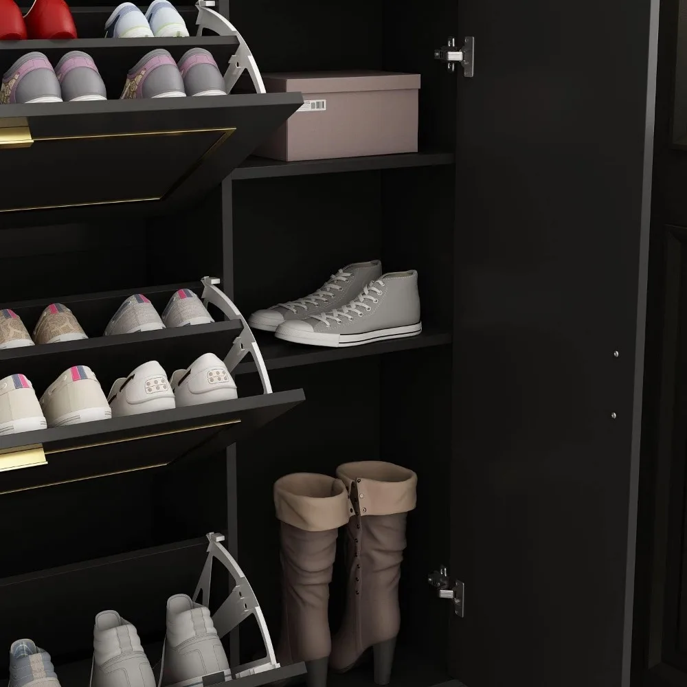 Shoe Storage Cabinet with 3 Flip Drawers & Locker, Wood Shoe Cabinet for Entryway, for Hallway Black and Gold (47.2”W x 9.5”D x 6