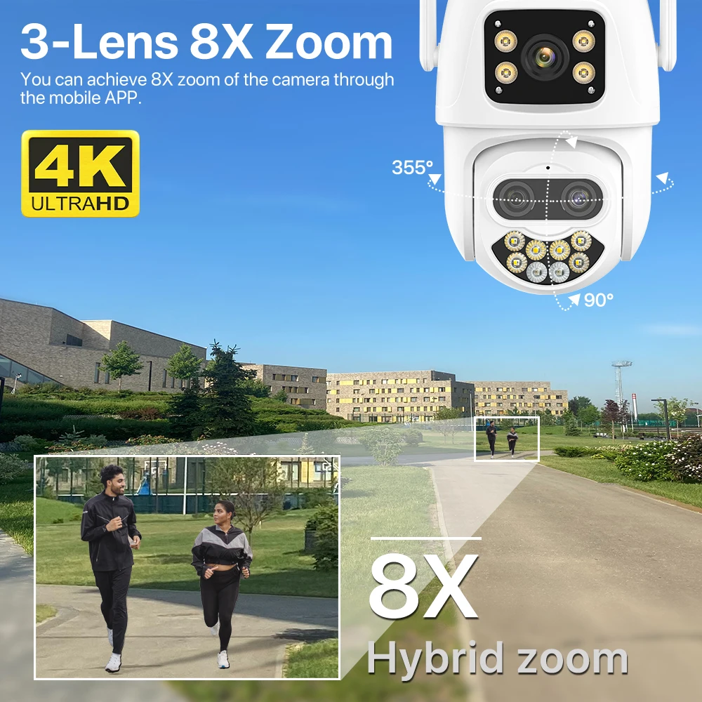 자동 추적 야외 PTZ 카메라, 비디오 감시, iCSee, 8X 줌, 3 렌즈 보안 카메라, 9MP, 6K HD WIFI IP 카메라, 6MP, 4MP