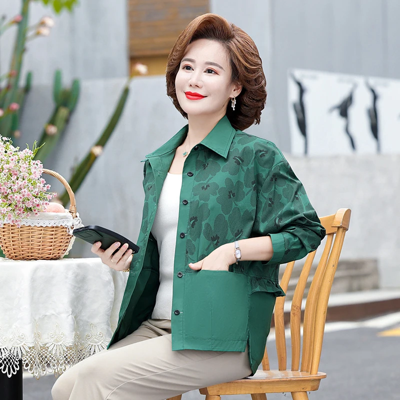 

New Middle-Aged Elderly Jacket Coat Women'S Windbreaker Spring Autumn Outerwear Tops Female Print Coat