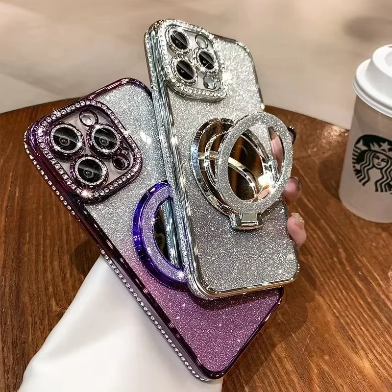 Luxury Diamond Clear Glitter Phone Case with Mirror and Magnetic Holder Stand