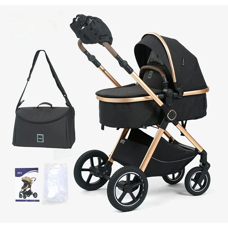 2 in 1 baby stroller Newborn Foldable high view with mommy bag and warm gloves
