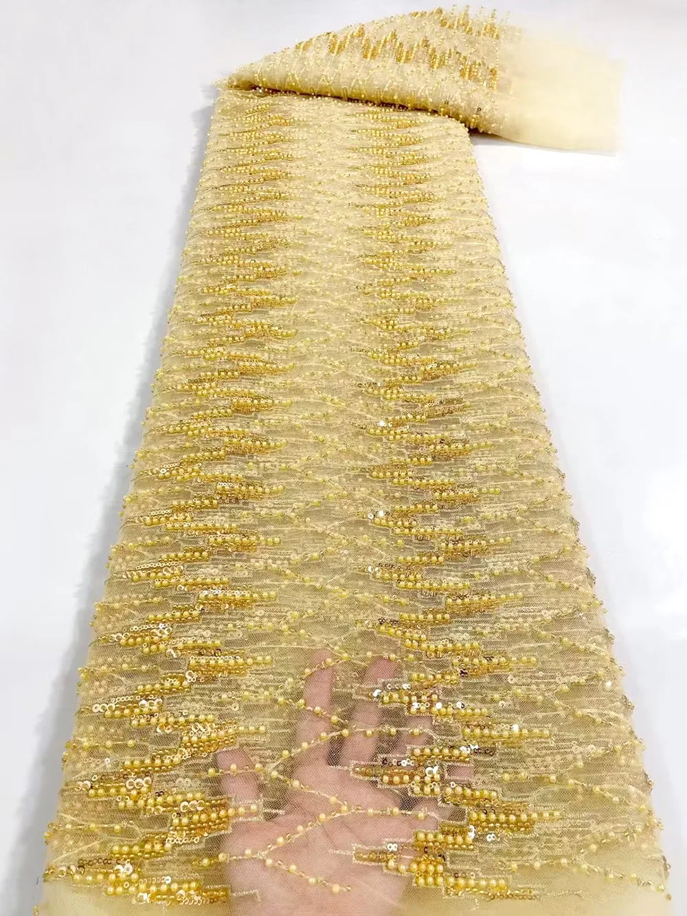 

Gold Color Nigerian Tulle Lace Fabrics With Beads High Quality Luxury African Sequins French Tulle Lace For Party Dress