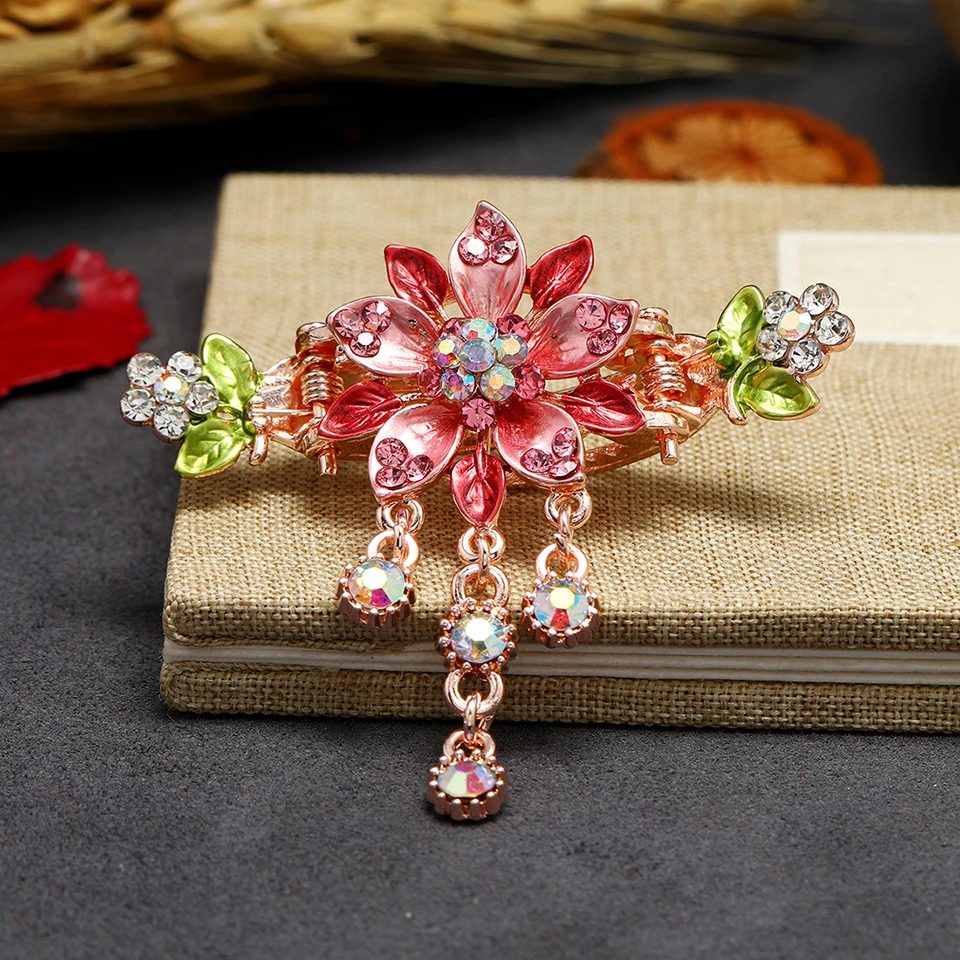 Vintage Enamel Flower Hair Claw Jewelry Charm Rhinestone Hair Clip for Women