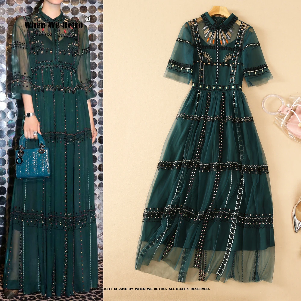 

Женское Сетчатое платье с вышивкой, модельное зеленое винтажное платье в горошек, элегантное вечернее длинное платье с коротким рукавом, VP0170