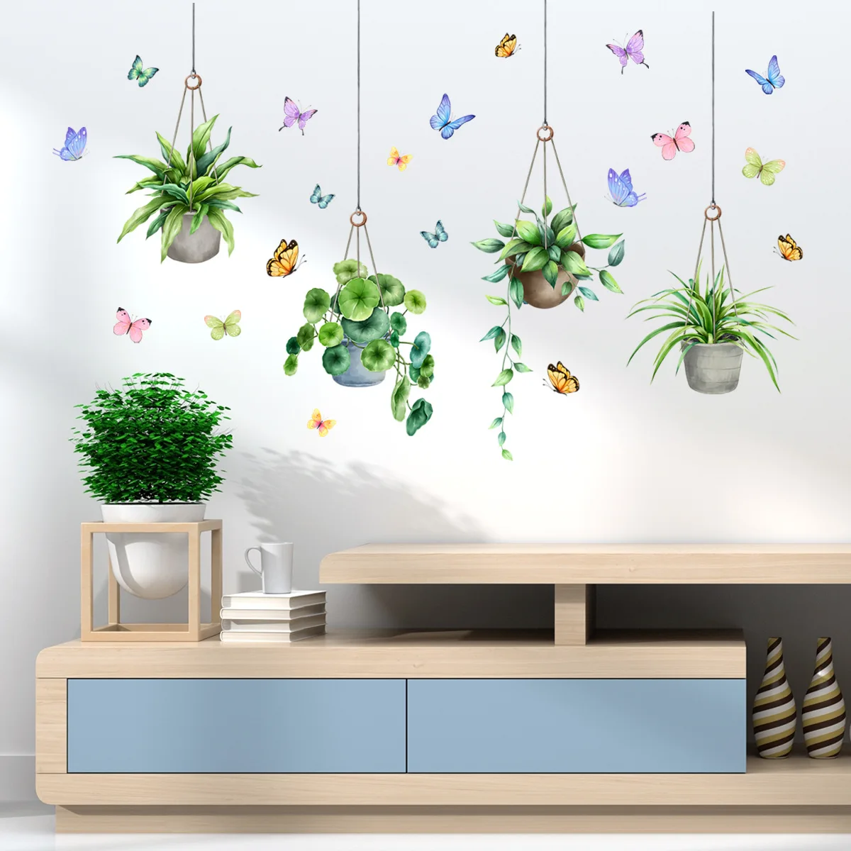 Plant Butterfly Wall Sticker Self-Adhesive Green Leaf Decal for Living Room Bedroom Background Wall (30x60cm, 2-Pieces in 1)