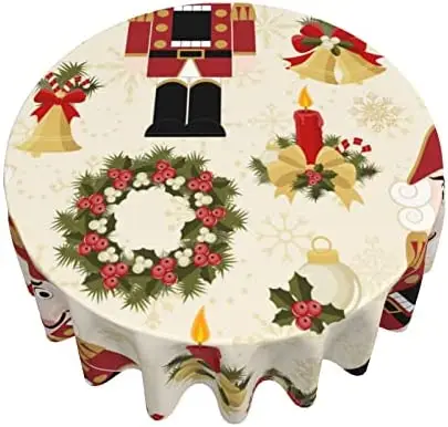 

Рождественская круглая скатерть, венок Санта-Падуба, рождественские чулки, свечи, коричневые снежинки, декоративная круглая скатерть 60 дюймов
