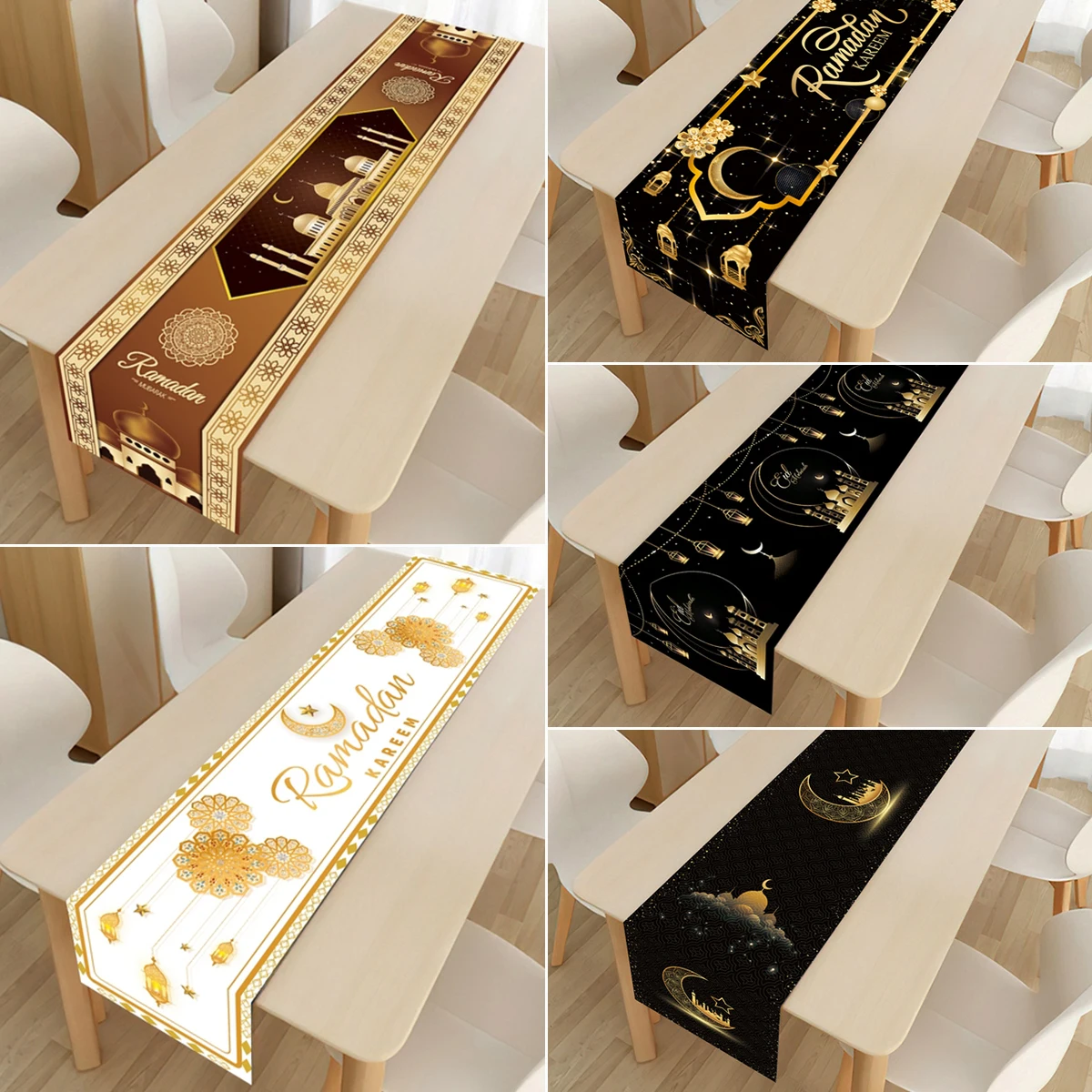 Set Decorazioni Ramadan 3 Pezzi In Legno – Luna, Lanterna E Moschea, Dorati Con Fiocco Per Tavolo E Casa