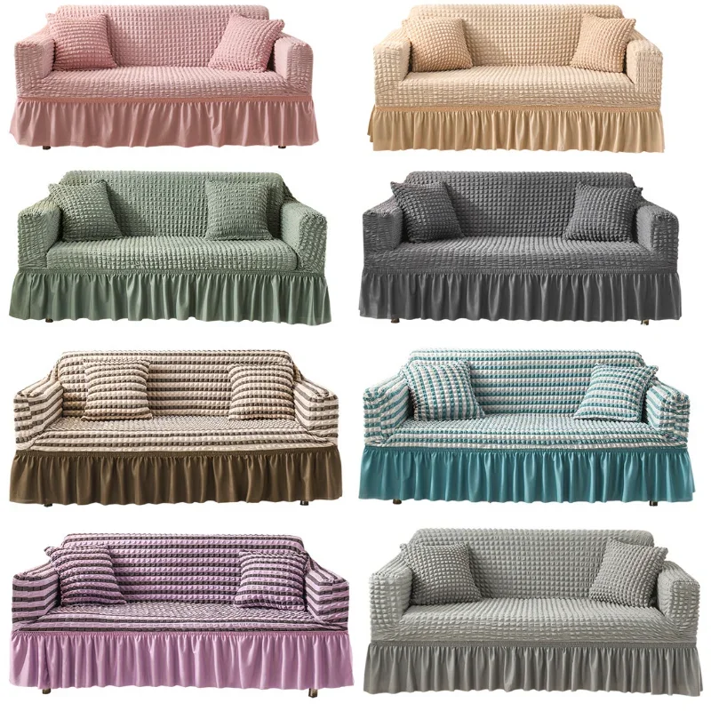 Sofa Cover for Living Room Thick Ruffled Seersucker Elastic L Shaped Corner Sofa Cover 1/2/3/4 Seater Cover for Sofa 2