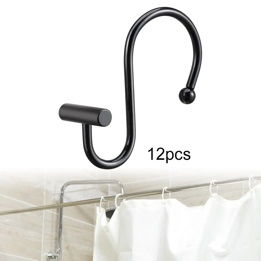 12Pcs Metal Shower Curtain Hooks T-Bar Rust-Resistant S Shaped Hangers  Shower Curtain Rings for Bathroom Closet Towels Black