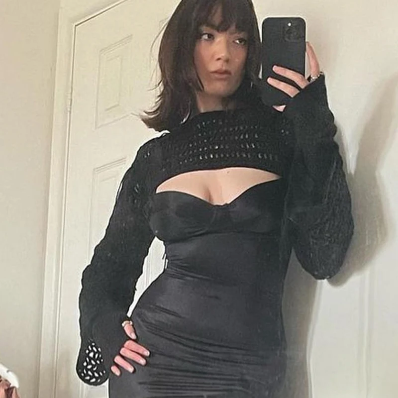 Women Crochet Knit Hollow Out Crop Top Long Flared Sleeve Shrug Sweater  Mesh Cover Ups Cardigan Streetwear - Pullovers - AliExpress