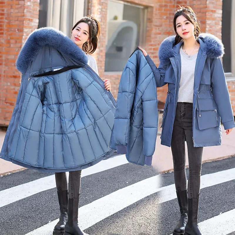 

Cotton Coat Women 2023 New Detachable Pie To Overcome Long Hooded Large Fur Collar Solid Color Waist Thick Warm Jacket Female