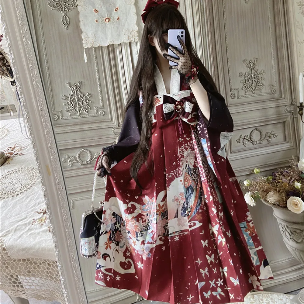 

Комплект сладкой Лолиты Hanfu в стиле преппи для студентов, мягкое платье для девушек, викторианский стиль, кавайная девушка, лоли, Cos, Готическая Лолита, кимоно