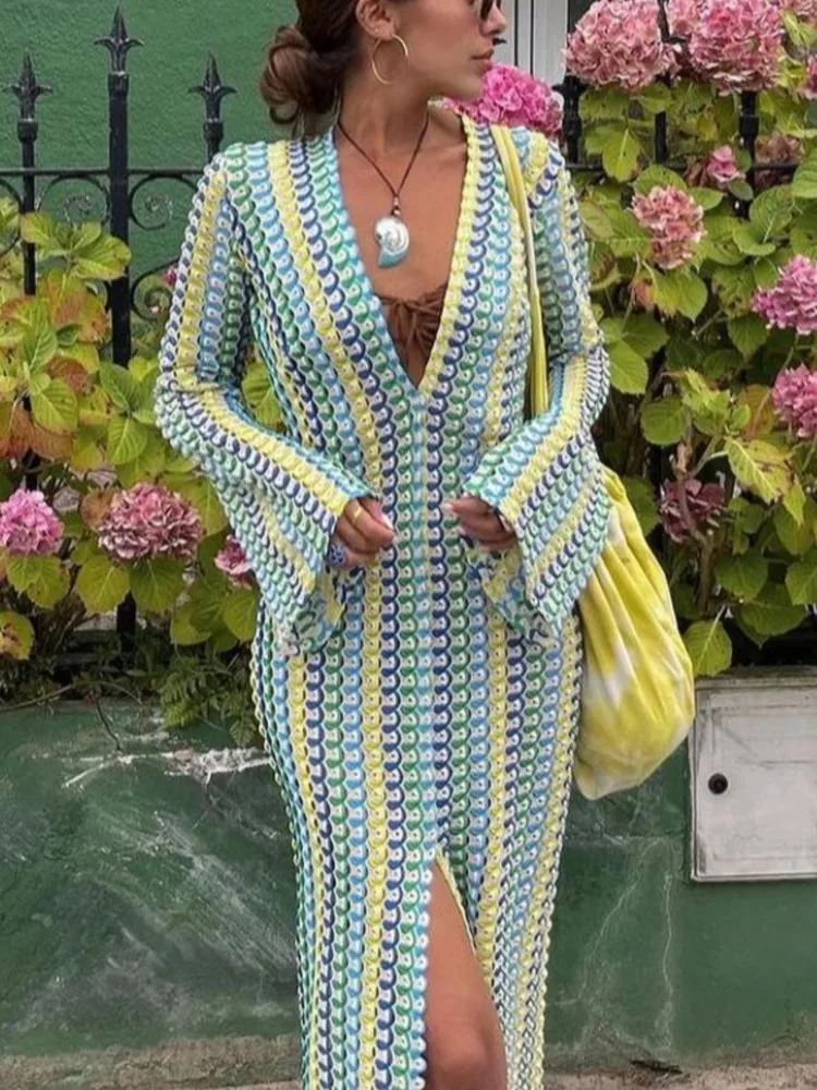 

RDMQ 23 Women Striped Hooked Crochet Split Knit Long Dress Female Deep V Neck Long Sleeve Slim Vestidos Summer Vacation Outfits