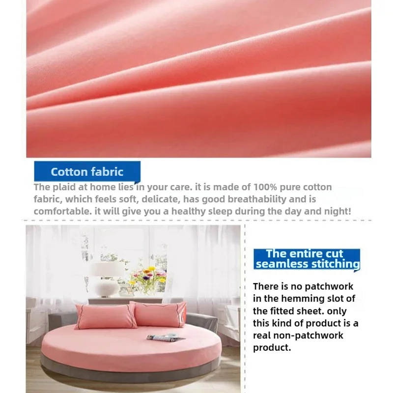 1/3PCS Cotton Fitted Sheet with Elastic Band Bed Linen for Round Mattress Cover Solid Color Queen Size Bedspread with Pillowcase 5