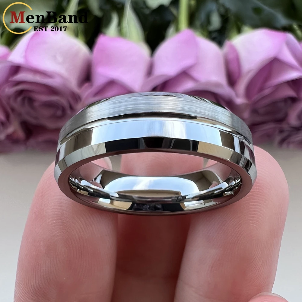 MenBand 6MM 8MM Classic 100% Pure Tungsten Carbide Rings  Men Women Wedding Band Beveled Grooved Finish Comfort Fit