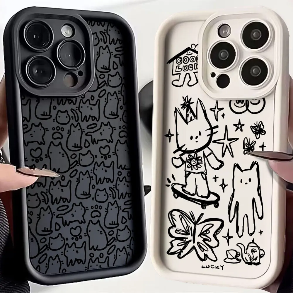 Adorable Black Kitten Sketch Phone Case - Soft Silicone TPU Back Cover