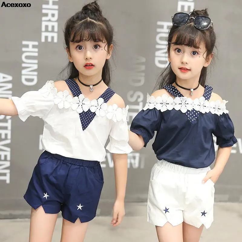 

Girls' summer shorts set line shoulder T-shirt girls' halter top