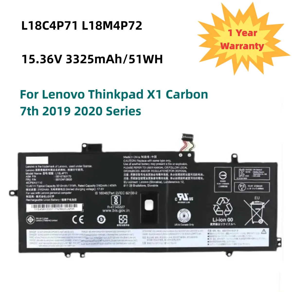 L18M4P72 L18C4P71 Battery For Lenovo Thinkpad X1 Carbon 7th 2019 2020 Series L18L4P71 SKB10K97642 02DL004 02DL005 15.36V 51WH