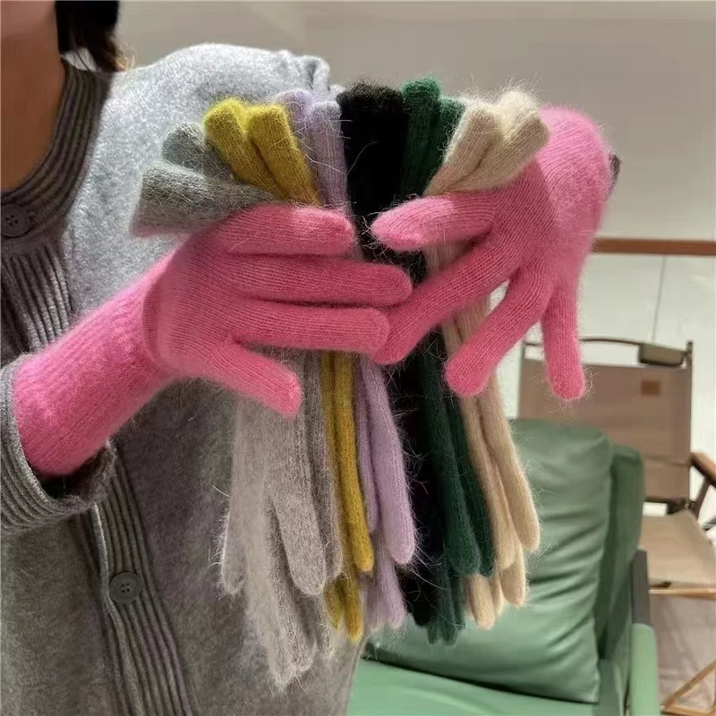 Female Elastic Full Fingers Gloves Rabbit Wool Women Winter Mittens